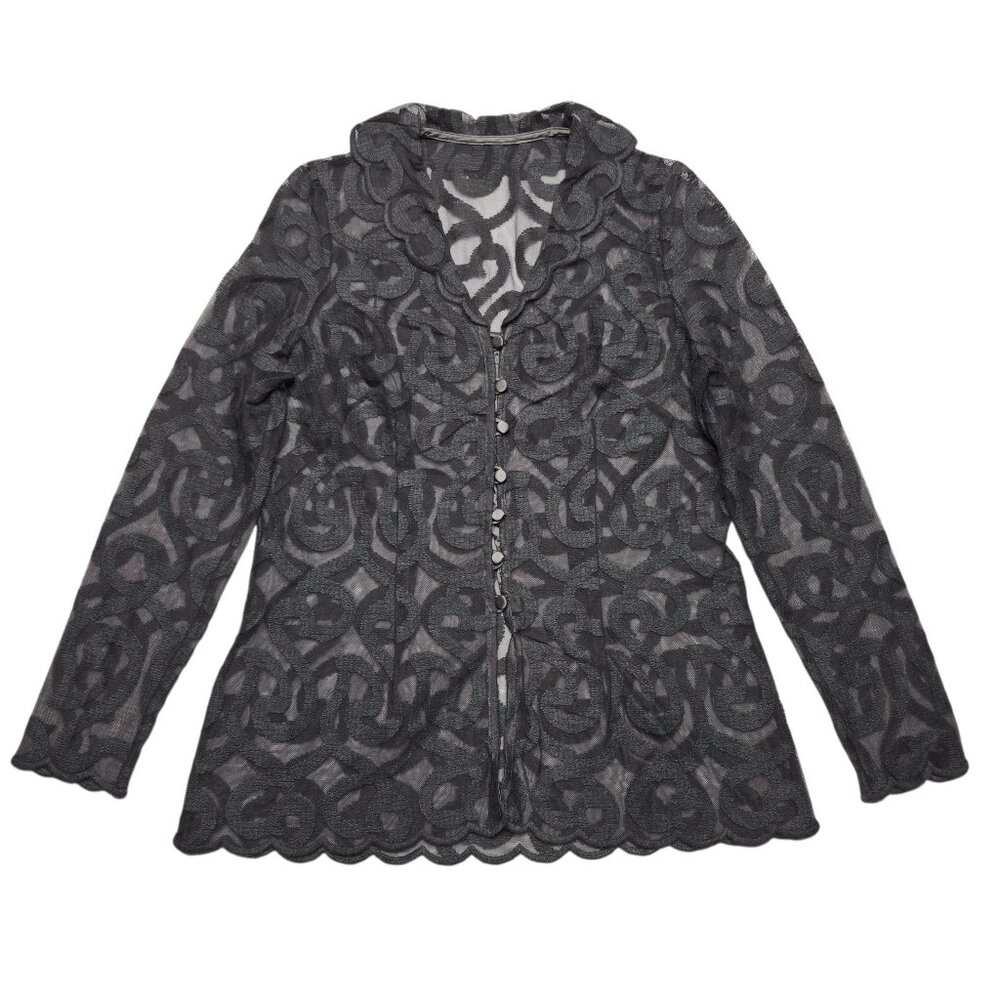 Whimsigoth Cardigan Top Womens Medium Gray Sheer Mesh‎ Y2K Festival Button Up